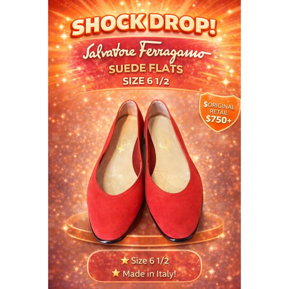 💥#14 SHOCK DROP SALVATORE FERRAGAMO SUEDE FLATS! SIZE 6 1/2 - Picture 1 of 1